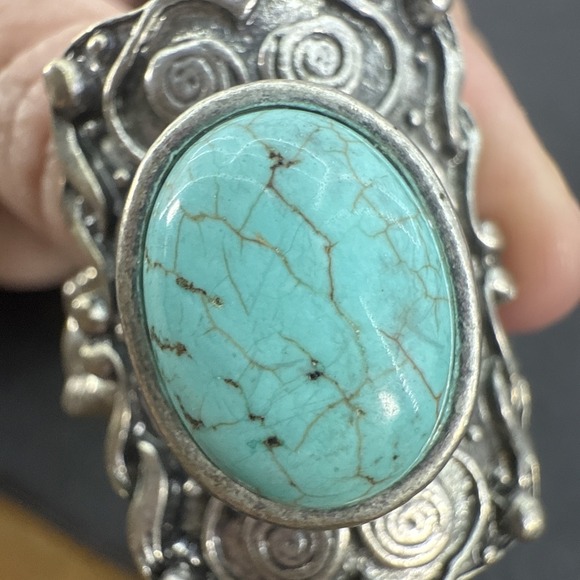 Vintage Turquoise Silver Tone Stretch Ring Big Comfortable Ring - Picture 16 of 16